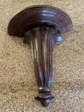 Vintage 15” Hand Carved Fluted Solid Dark Stained Wood Wall Sconce Shelve